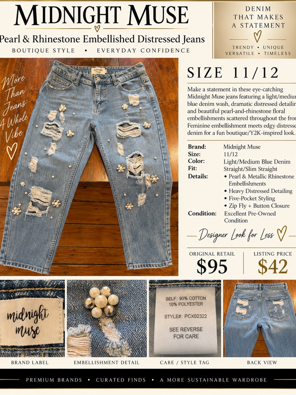 Midnight Muse Light Blue Distressed Pearl-Embellished Straight-Leg Jeans